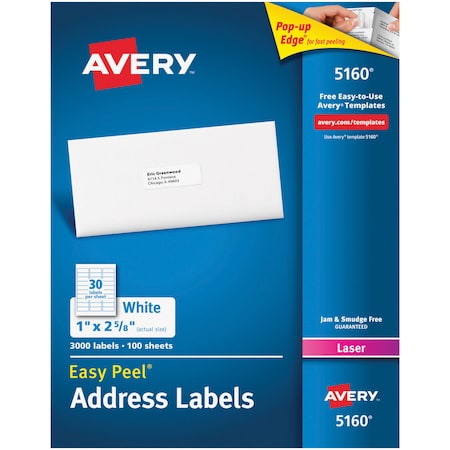 Avery Easy Peel Address Labels, Permanent Adhesive, 1 x 2.63, PK3000 5160